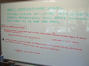 INT and EGQ draft texts on whiteboard, May 2, 2003